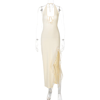 Women Clothing Winter Ruffled Sexy V neck Lace up Backless Dress