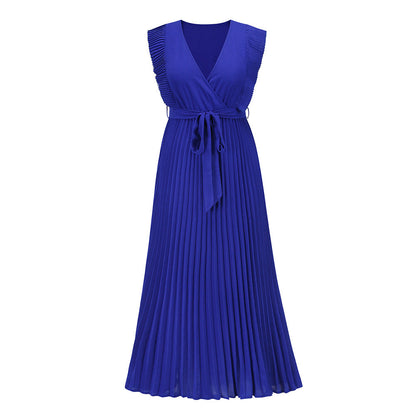 Elegant Beach Dress Fashionable Slim Fit Sexy Ruffle Sleeve Chiffon Pleated Solid Color Dress