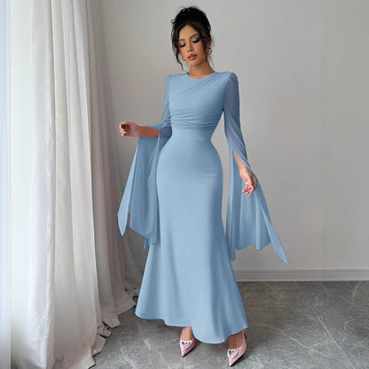 Spring Stitching Mesh Large Swing Sleeves Sexy Slim Fit Fishtail Dress