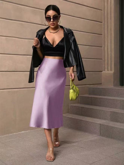 Hip Wrapped Fishtail Skirt Satin Mid Length Skirt Autumn Women Clothing Direct