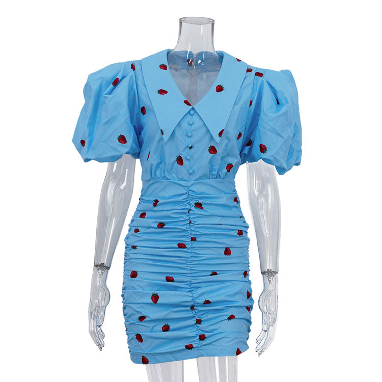 Summer Printed Short Dress Women Clothing Collared Puff Sleeve Pleated Hip