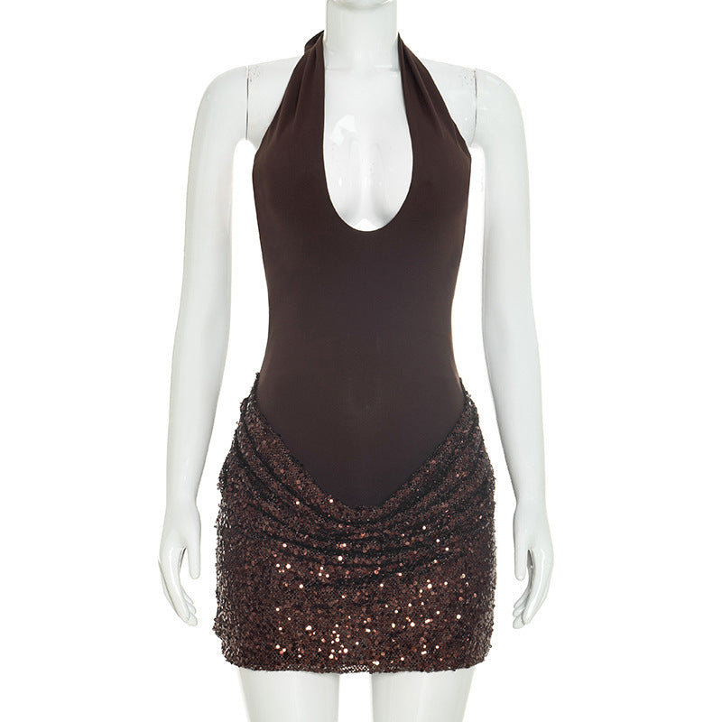Women Clothing Autumn Solid Color Sleeveless Cross Halterneck Lace Up Hem Sequin Short Dress