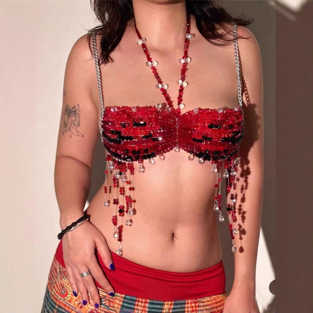 Sexy Bra Chain Red Beaded Tassel Body Cha Sling Women Backless Bra