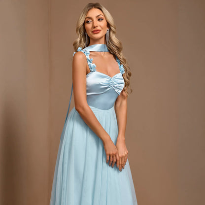 Elegant Halter Strap Handmade Floral Pleated Chest Color Stitching Mesh A Swing Evening Dress