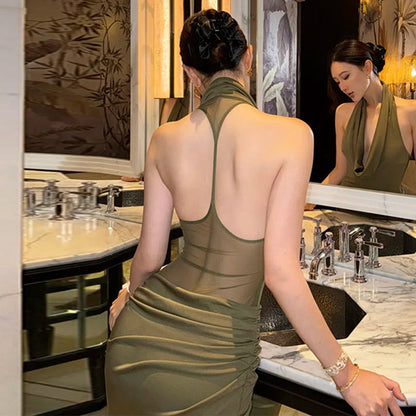 Women Clothing Winter Sexy Backless Pleated Slim Elegant Halter Maxi Dress