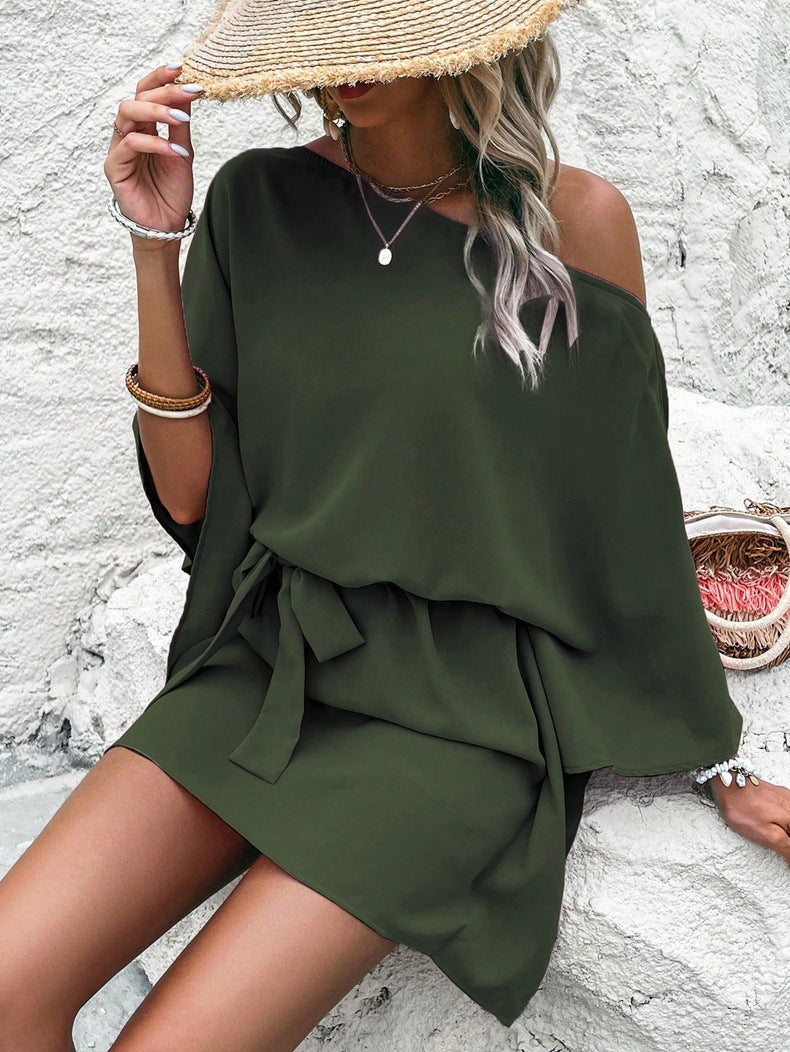 Women Clothing Satin off Shoulder Satin Dress Asymmetric High Waist Dress