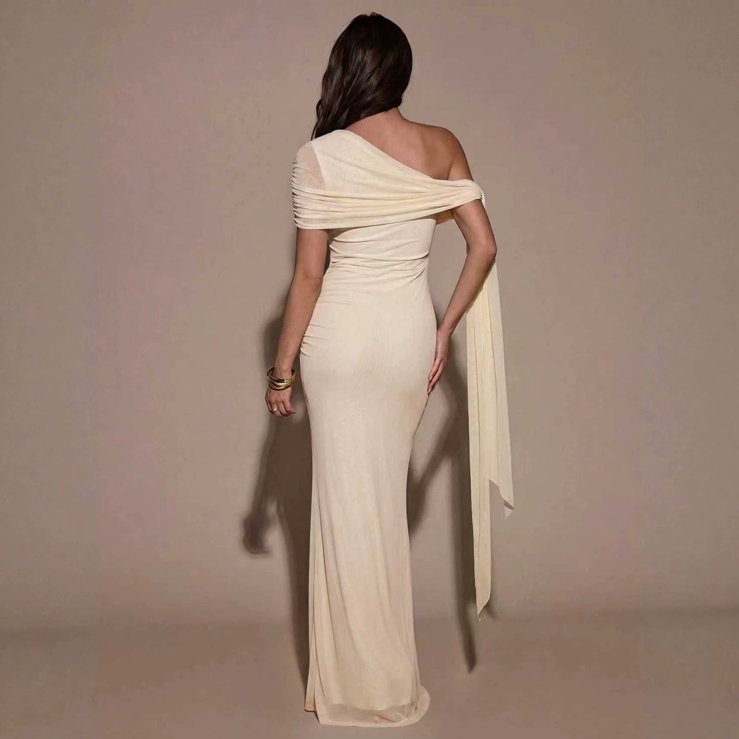 Women Clothing Oblique Shoulder Irregular Asymmetric Maxi Dress Pleated Slim Summer Dress for Women