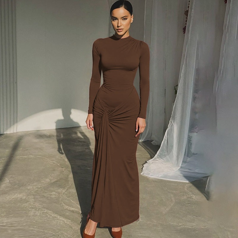 Women Clothing Summer Waist Controlled Lace up Sheath Dress Solid Color Slim Fit Long Sleeves Dress