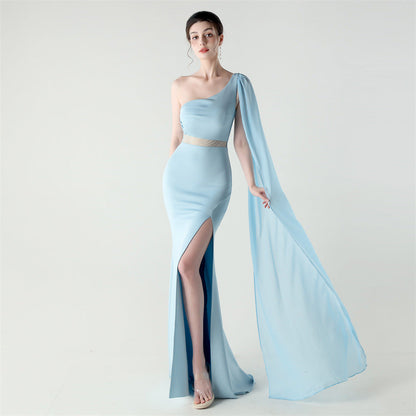 Single Shoulder Crossbody Stitching Mesh Design Satin Slim Cocktail Dress Evening Dress