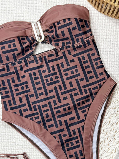 Swimsuit Women Sexy Print V neck Backless Strap Sexy Siamese Bikini Swimsuit