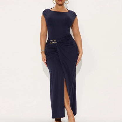 Summer Women Solid Color round Neck Slim Slimming Slit Dress