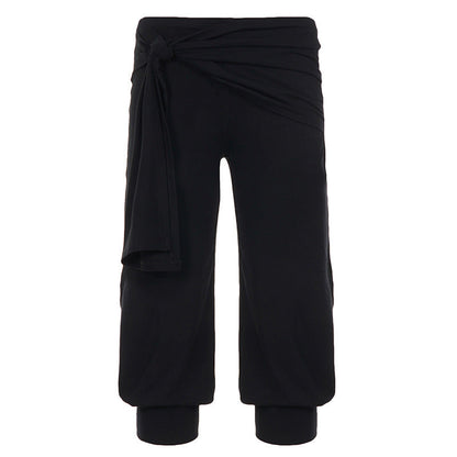 Casual Sports Solid Color Waist Lace up Stitching Low Waist Mid Length Pants Women Loose Summer Ankle Banded Pants