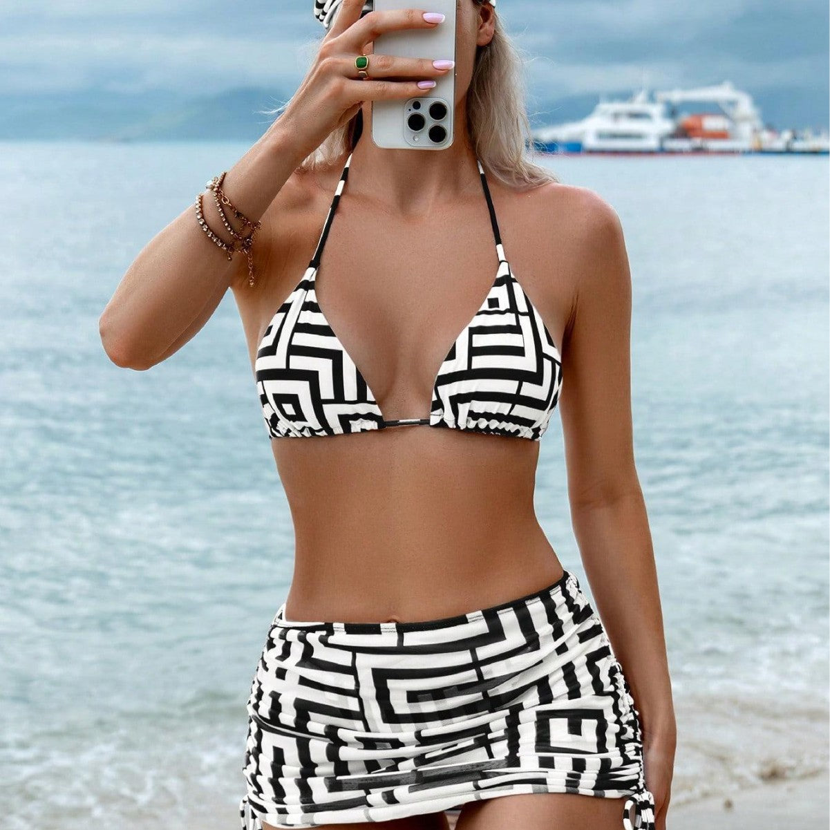 Printing Halter Spaghetti Straps Sexy Bikini Split Lace up Spring