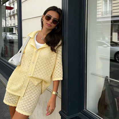 Beach Loose Half Sleeve Suit Casual Vacation Sun Protection Hollow Out Cutout Shorts Beach Cover Up