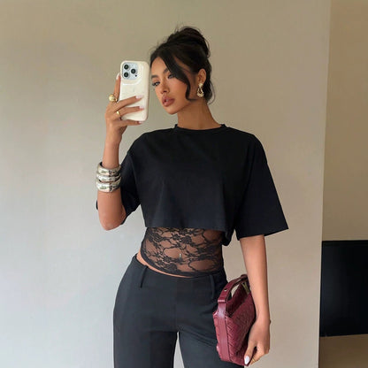 Summer Faux Two Piece Lace Slim Fit Patchwork Hollow Out Cutout Sexy Short Sleeve Women T Shirt Tops