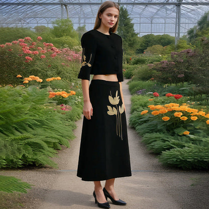 Spring Dignified Floral Machine Embroidery Top High Waist Floral Skirt Two Piece Sets Women