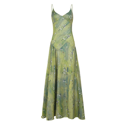 Romantic Floral Printed V neck Strap Dress Vacation Fresh Stylish Elegant Expansion Dress Women