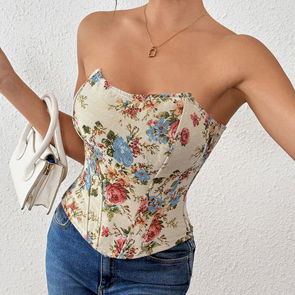Summer French Retro Floral Print Tube Top Niche Boning Corset Sexy Outerwear Bra