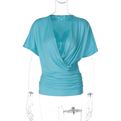 Women Summer Sexy Deep V Plunge Waist Slim Fit Short Sleeved T shirt Women