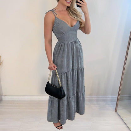 Women Clothing Spring Summer Elegant Striped Tied Dress