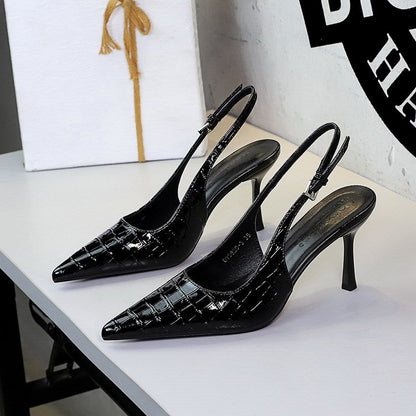 Pana Pattern Sexy Plaid Pointed Toe Shallow Mouth Ankle Strap Buckle Stiletto Heel Cocktail Women Shoes