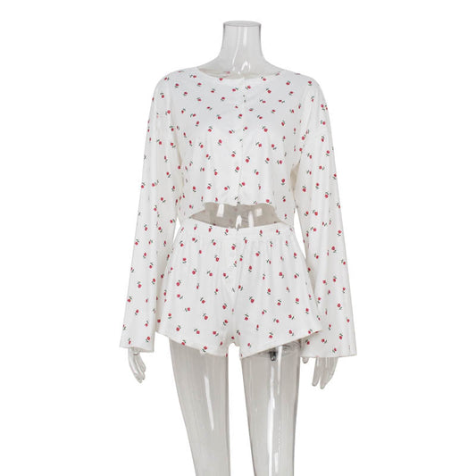 Girls Sexy Long Sleeved Cardigan Short Top Floral Wooden Ear Home Casual Suit Shorts Two Piece Sets