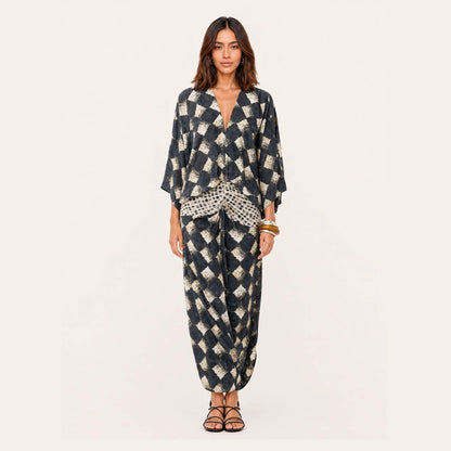 Spring Summer Artificial Linen Printed Batwing Sleeve Dress Loose Vacation Dress for Women