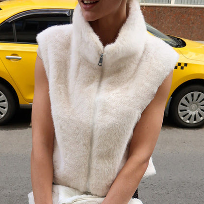 Autumn Winter Arrival Solid Color Sleeveless Zipper Vest Mink like Fur High Collar Loose Plush Coat Women