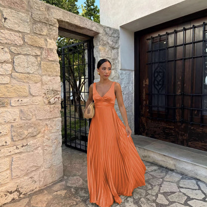 Goods Spring Summer Dress Fitted Waist Pleated V neck Brace Solid Color Dress