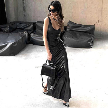 Women Clothing Winter U Collar Solid Color Split Vest Dress