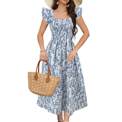 Summer Flying Sleeves Printed Dress Casual Waist Tight Square Collar A Swing Dress