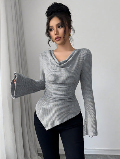 Autumn Winter Women Clothing Ribbing Bottoming Sweater off the Shoulder Slim Knitted Long Sleeved Top Office