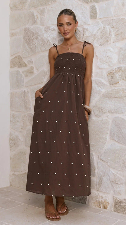 Polka Dot Printing Slip Dress Summer Tied High Waist Dress Women Dress