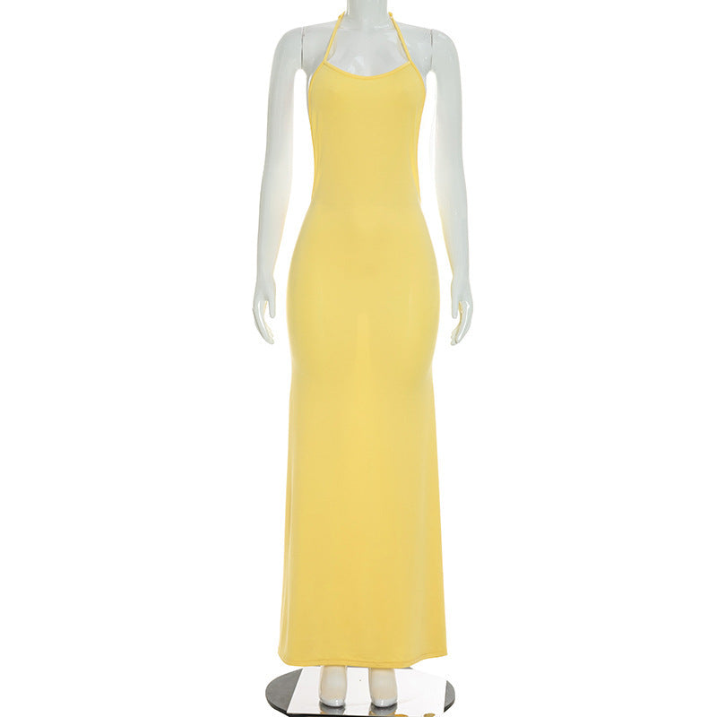 Women Clothing Autumn Solid Color Casual Sleeveless Backless Strap Slim Fishtail Maxi Dress