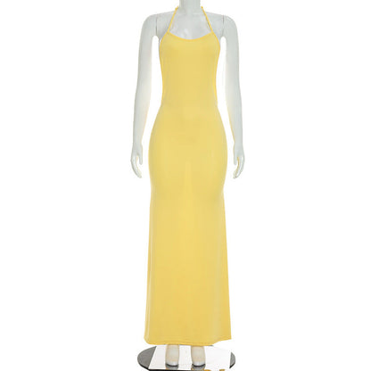 Women Clothing Autumn Solid Color Casual Sleeveless Backless Strap Slim Fishtail Maxi Dress