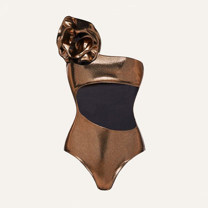 Gold Handmade Floral Halter Hollow Out Cutout out Swimsuit Women
