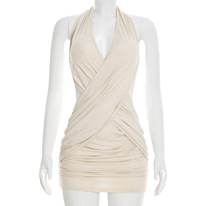 Women Clothing Summer Solid Color Casual Slim Cross Tied Neck Sleeveless Mini Short Dress