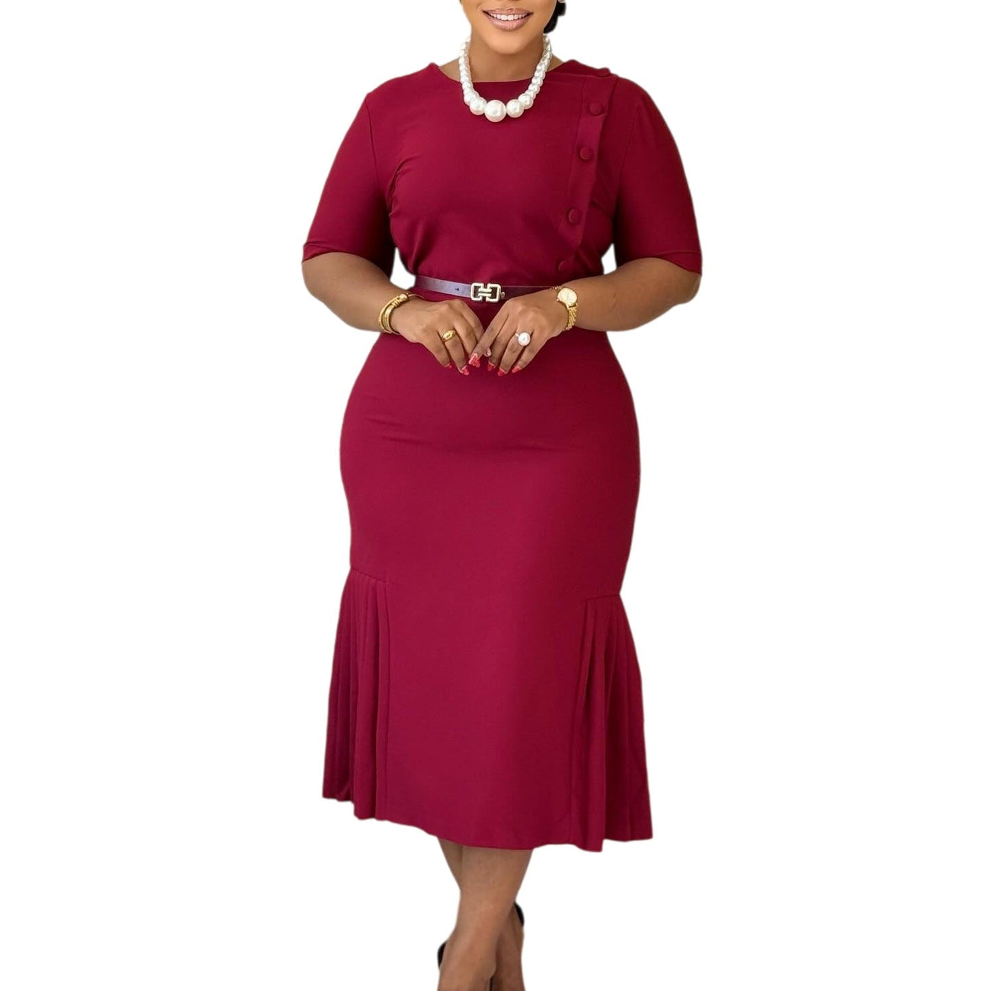 Summer Women Clothing Solid Color round Neck Short Sleeves Office Slim Fit Dress