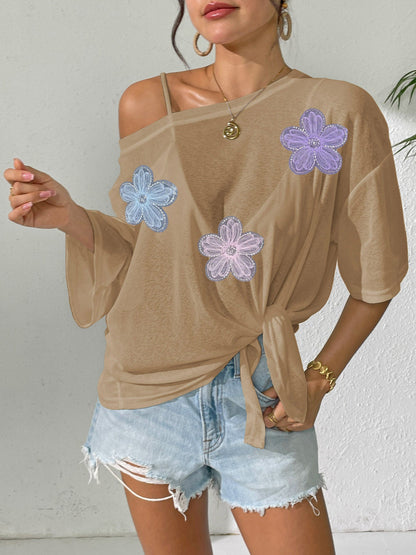 Ladies Overclothes Women Solid Color Thin Top Bandage Bow Loose off Shoulder Beach Bikini Cover up