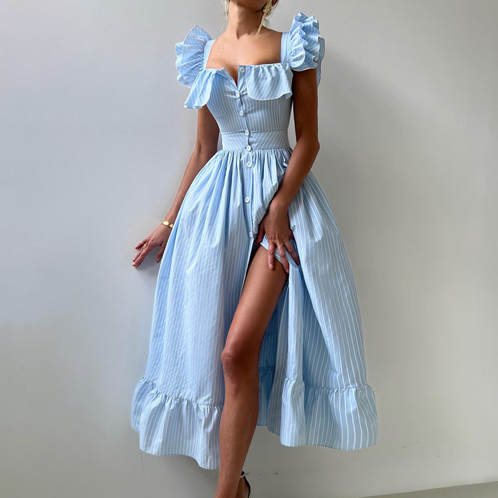 Striped Dress Summer Button Cardigan Waist Slimming Maxi Dress Flying Sleeves Dress Women