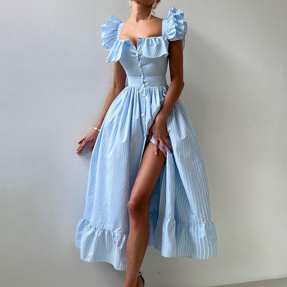 Striped Dress Summer Button Cardigan Waist Slimming Maxi Dress Flying Sleeves Dress Women