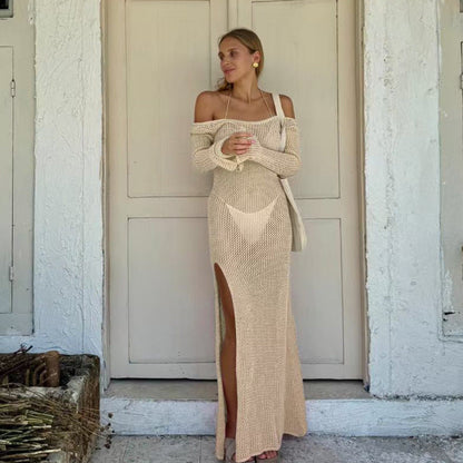 Solid Color Idle Beach Dress Loose Bare Back Side Slit Hollow Out Cutout Knitted Dress for Women
