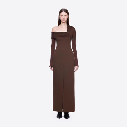 Spring Dark Brown One Shoulder Dress Pleated High Slit Maxi Dress the Dinner Party Host