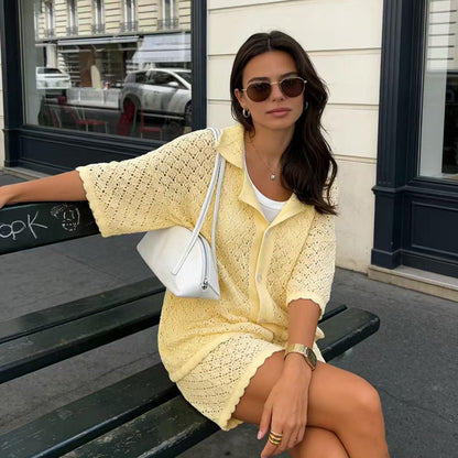 Beach Loose Half Sleeve Suit Casual Vacation Sun Protection Hollow Out Cutout Shorts Beach Cover Up
