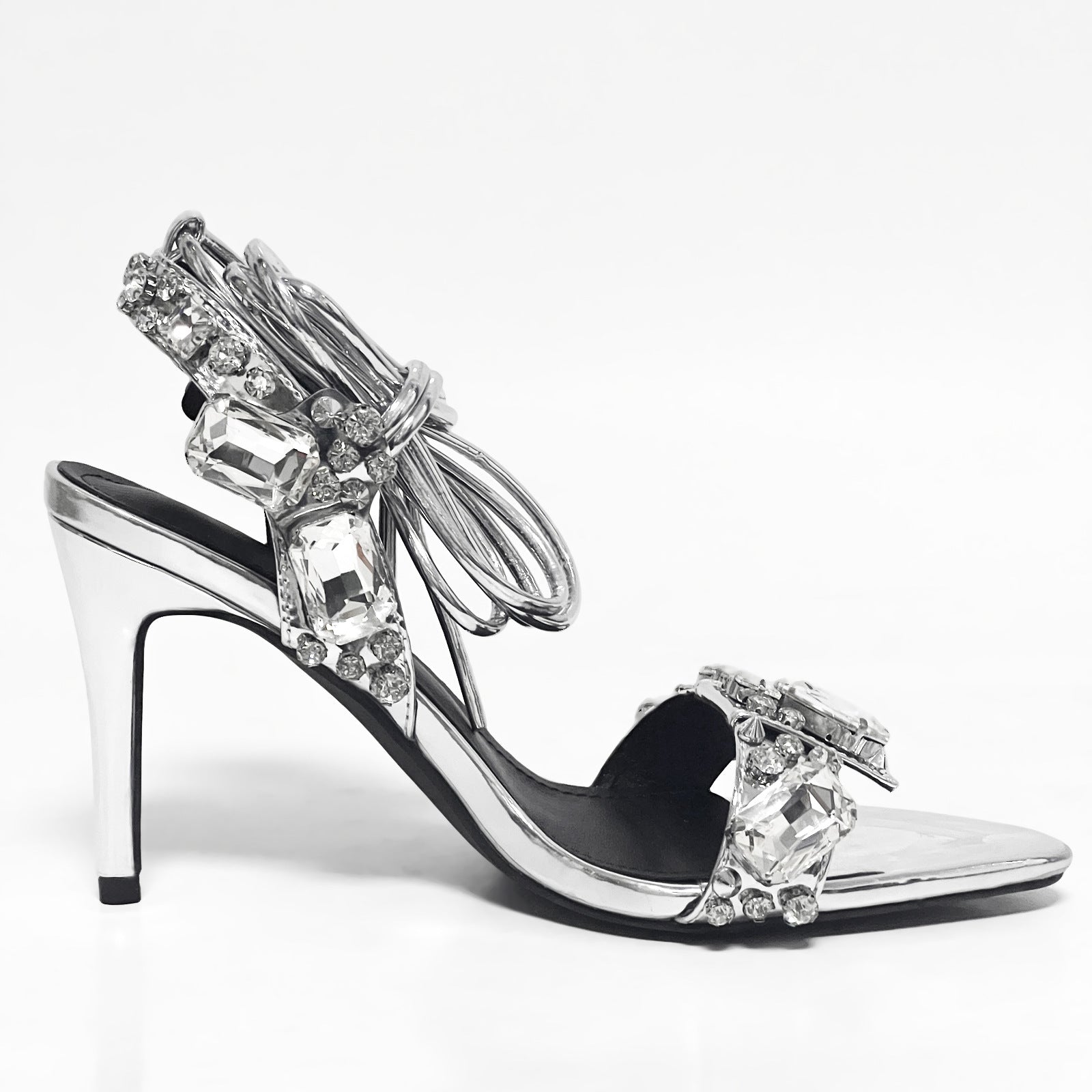 11cm Pointed Gold Rivet Rhinestone Stiletto Heels Summer Sandals Shoes