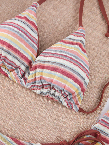 Fresh Color Striped Bikini Swimsuit Overskirt