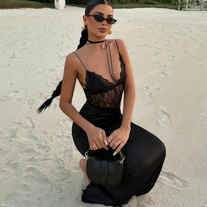 Spring Women Clothing Slim Fit Tied Low Collar Sexy Mesh Stitching Lace Dress Women