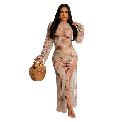 Women Clothing Sexy Solid Color Handmade Knitted Tassel Beach Dress