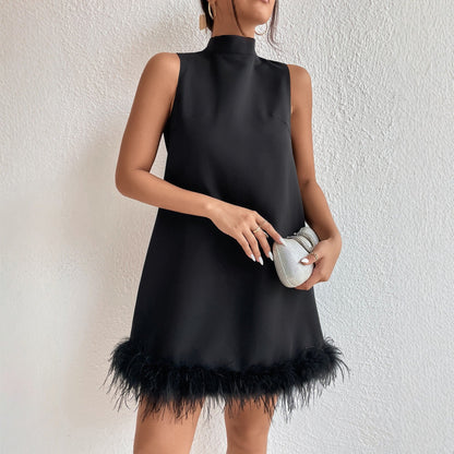 Half Turtleneck Sleeveless Frayed Hem Slimming A line Short