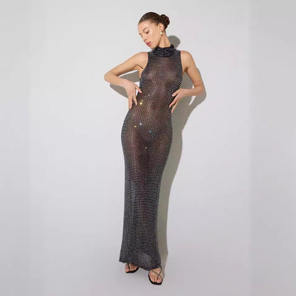 Summer Sexy Sheer Cutout Maxi Dress Mesh Rhinestone Sleeveless Maxi Dress Women